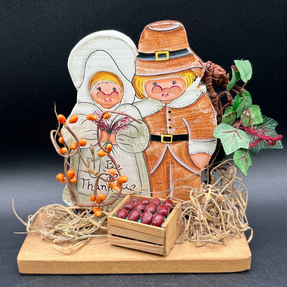 Vtg Thanksgiving Pilgrim Couple Wooden Hand Painted Fall Decor 5.5" Autumn